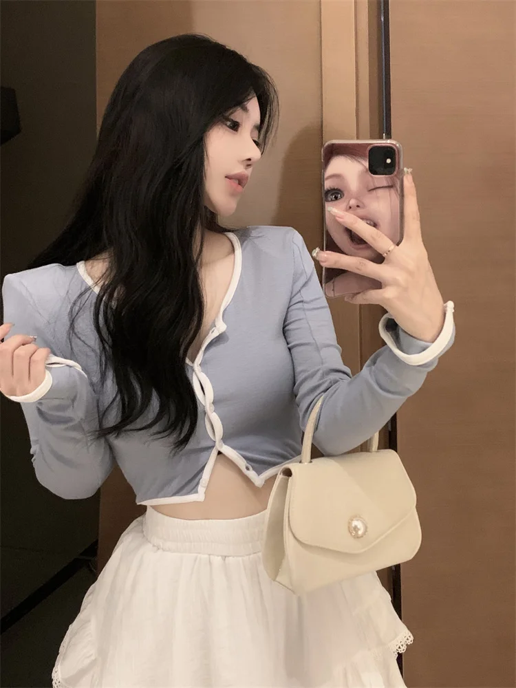

V-neck Long-sleeved T-shirt Sunscreen 2022 New Summer Slim Short Thin Section Sunscreen Shirt Stitching Top Shirts for Women