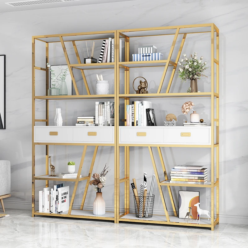

Modern Light Luxury Floor Bookcase Display Cabinet Stainless Steel Golden Antique Shelf Living Curio Cabinet Sample Room Shelf