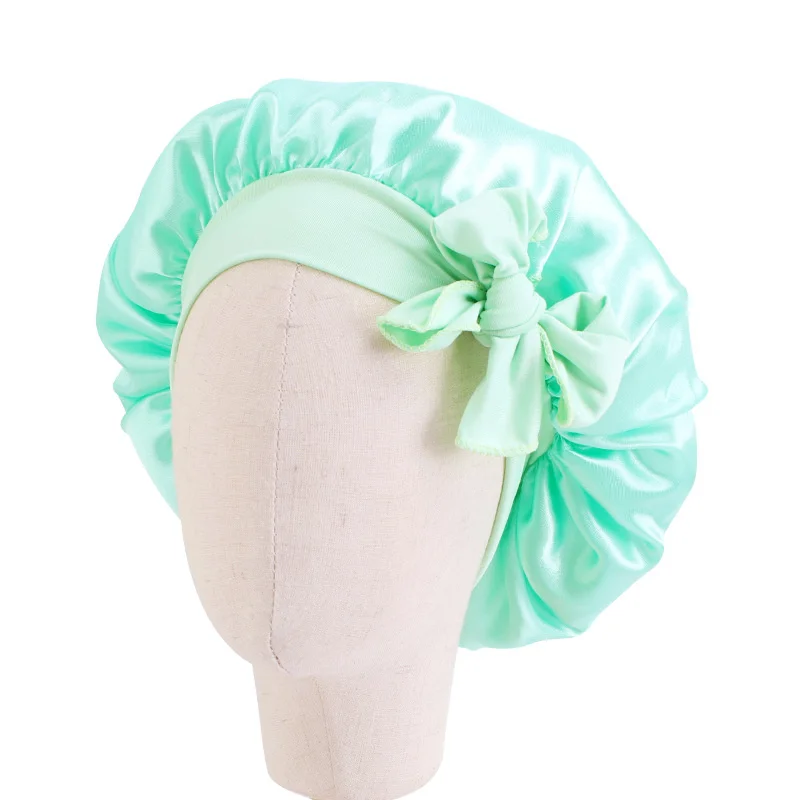 Silky Satin Solid Wide-brimmed Sleeping Hat Girl Night Sleep Hair Cap Care Baby Bonnet Nightcap For Children Unisex Hair Tool images - 6