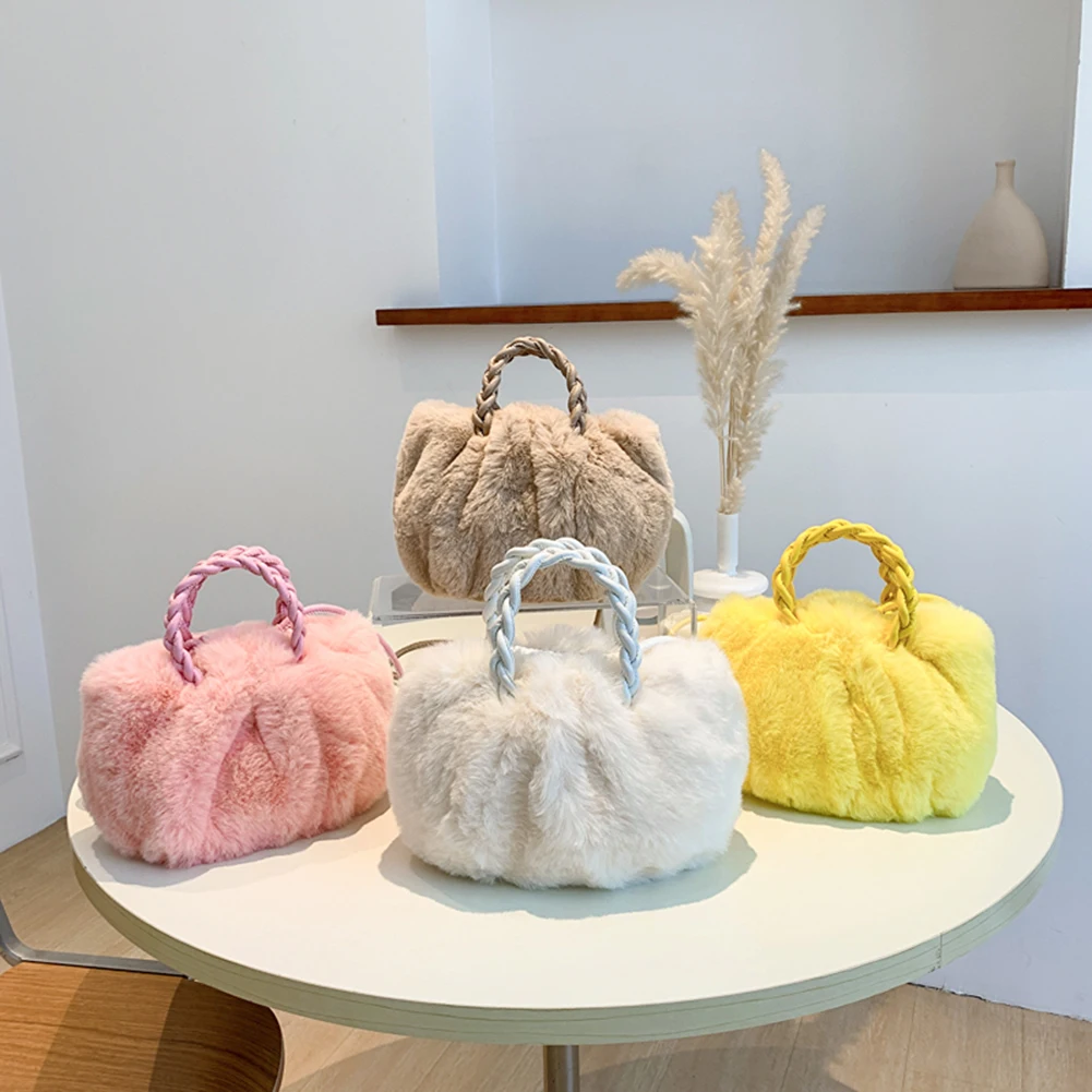 

Women Elegant Shoulder Bag Solid Color Fluffy Messenger Pouch Woven Handle Crossbody Handbags Portable Small Travel Girls Tote