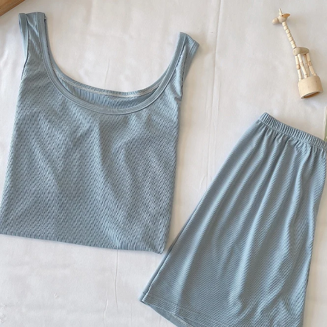 CAIYIER Oversize 2XL-5XL Womens Sleepwear Sleeveless Shorts Pajamas Set With Chest Pad Pure Color Nightwear Female Lounge Wear