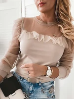 women fashion casual long sleeve tops sheer mesh splicing blouse feamle sweetstyle ruffles design casual shirt