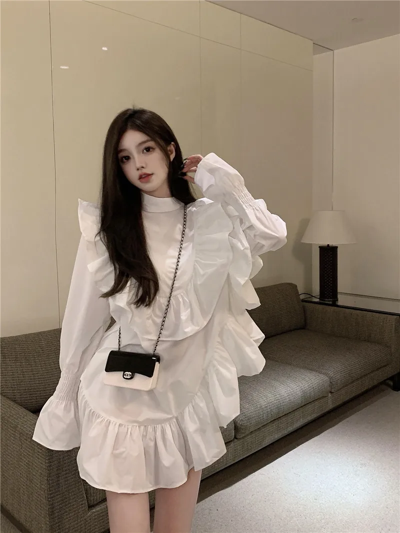 

2022 Spring And Summer New Korean Women's Fashion High-End Temperament Design Sense Irregular Ruffle Loose Long Sleeved Dress