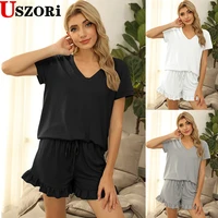 2022 spring and summer sleepwear new solid color v neck pajamas set loungewear short sleeve shorts women clothing two piece suit