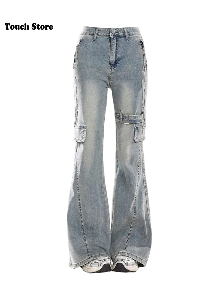 Женские брюки-карго Goblin Core Harajuku Bell Bottoms Gyaru с низкой посадкой в стиле гранж Y2k