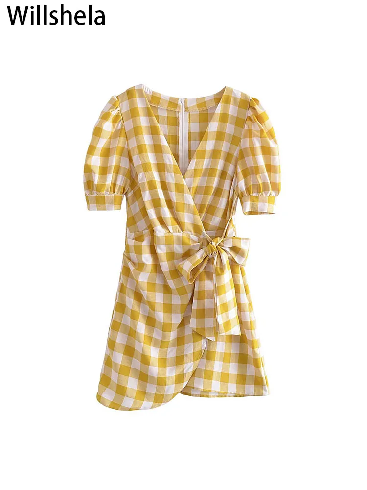 

Willshela женское модное клетчатое мини-платье на молнии сзади с бантом винтажное платье с v-образным вырезом и короткими пышными рукавами женск...