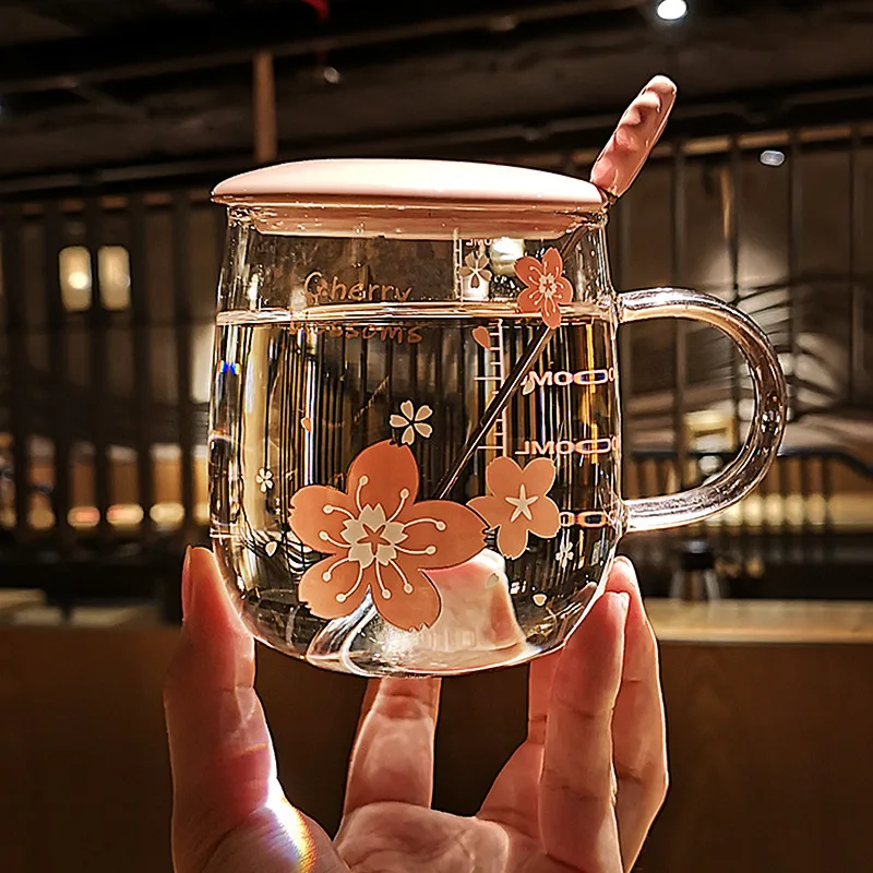 

Japanese-style Cherry Blossom Glass Large Capacity Girl Heart Cute Pink High Borosilicate Breakfast Milk Cup with Lid Spoon