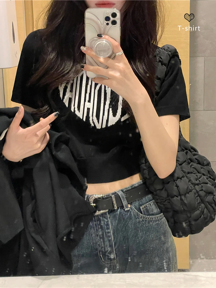 

Y2K Streetwear Heart Letter Printed Grunge Thin Knitted T-Shirts Summer 2022 Short Sleeve Crop Tops Women Kawaii Pullover Tees