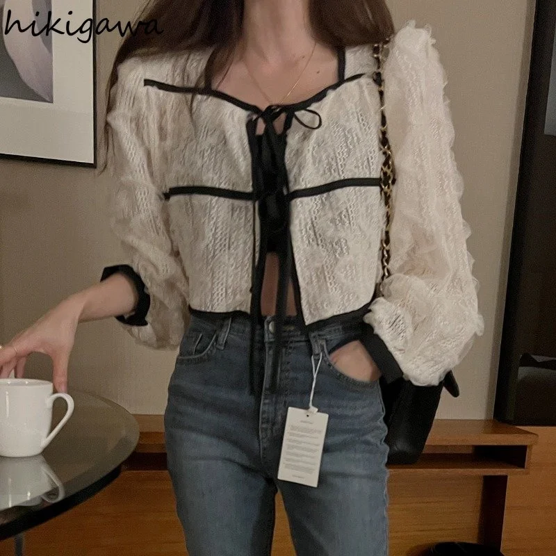 

2023 Blusas Mujer De Moda Bandage Lace Women Blouses Ruffles Sweet Temperament Cropped Tops Fashion Korean Summer White Shirt
