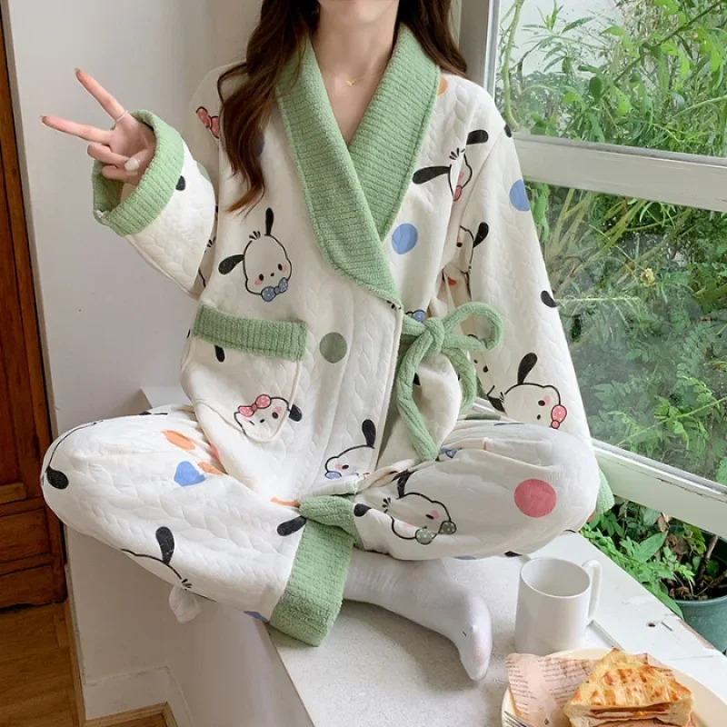 

Anime Sanrio Pochacco Kawaii Pajamas Cute Home Air Cotton Postpartum Nurse Warm Comfort Bathrobe Dress Three Piece Set Girl Gift
