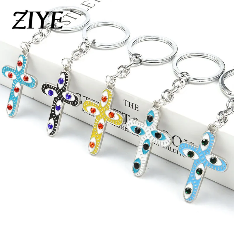 

Fashion Crosses Enamel Keychains Blue Lucky Evil Eyes Alloy Pendants Key Rings For Trendy Women Girls DIY Handmade Jewelry Gifts