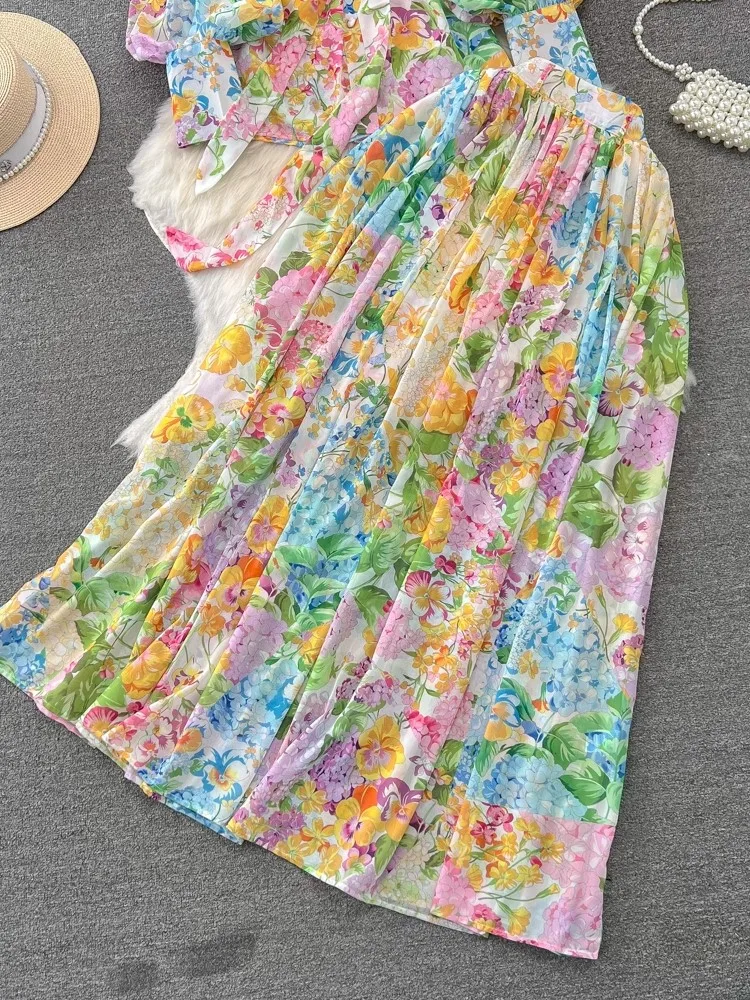 Женский богемный костюм из юбки с цветочным принтом топ рукавами-фонариками и