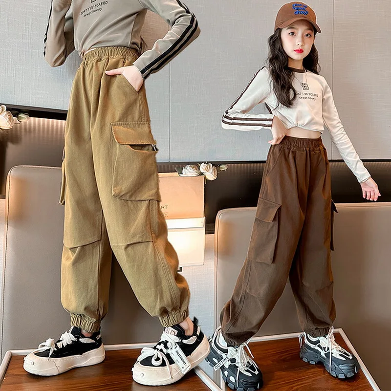

Girls Cargo Pants Autumn 2023 New Cotton Casual School Kids Trousers Red Loose Children's Clothing 10 12 13 14 Years Teens Pants