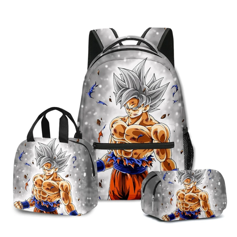Фото Новый креативный рюкзак с изображением персонажей Dragon Ball (Сон Гоку, Вегета), школьный набор для учеников: рюкзак, пенал, сумка для обеда, удобный комплект из трех предметов. №2