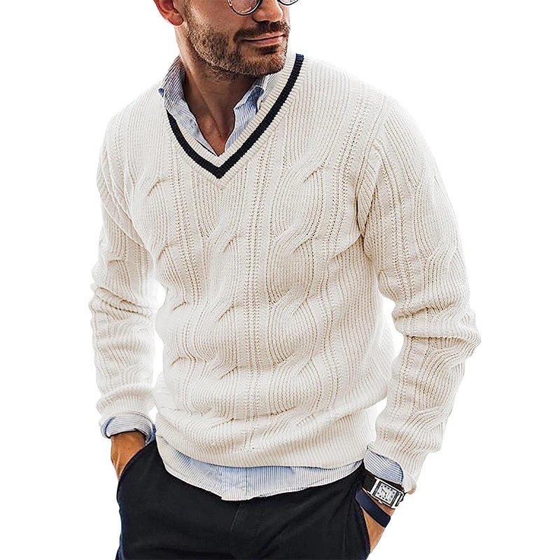 

2022 Winter Fashion V Neck Sweater Men Casual Solid Color Long Sleeve Knitting Pullover Tops Mens Vintage Jacquard Knit Sweaters