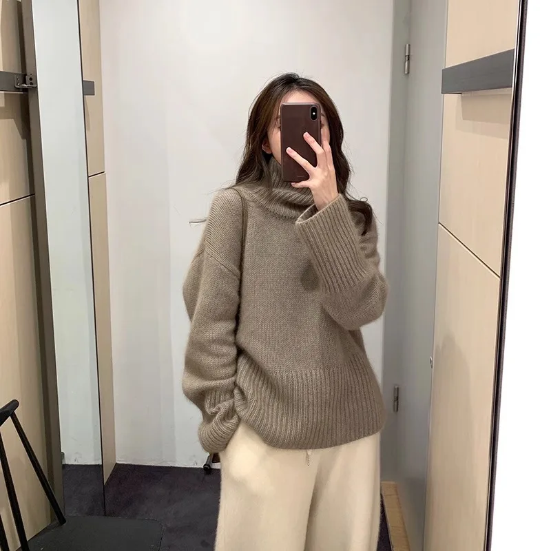 Женский свитер из 100% чистого кашемира с высоким воротником свободный и ленивый