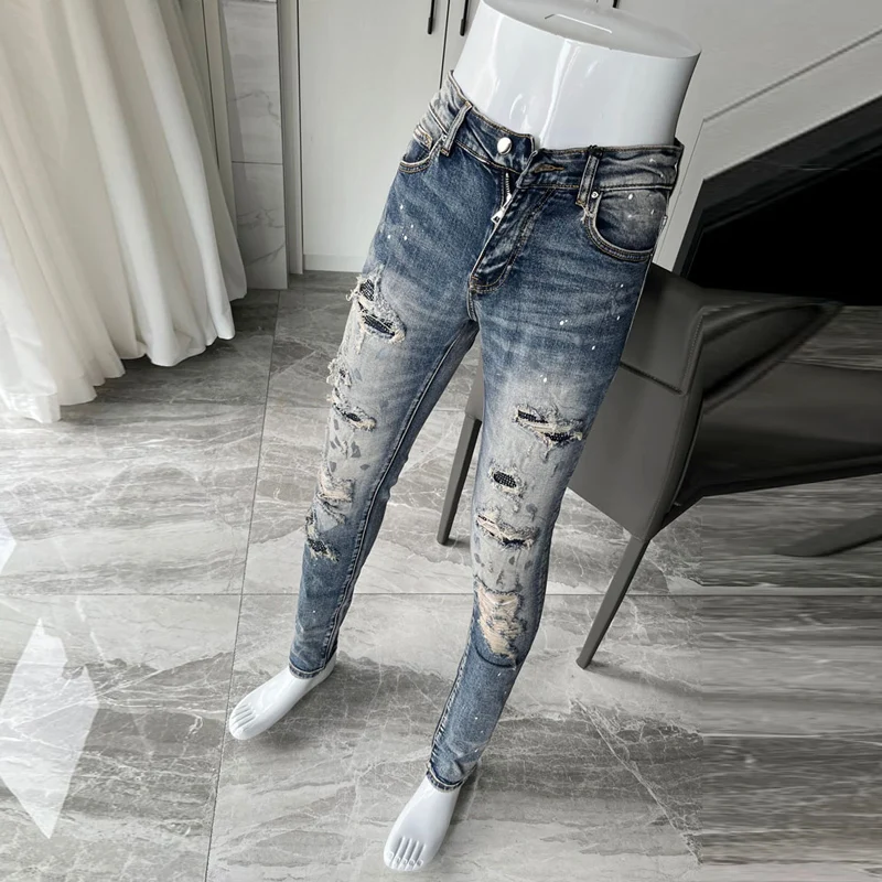 Street Fashion Men Jeans Retro Gray Blue Elastic Slim Fit Painted Ripped Jeans Men Patched Designer Hip Hop Brand Pants Hombre