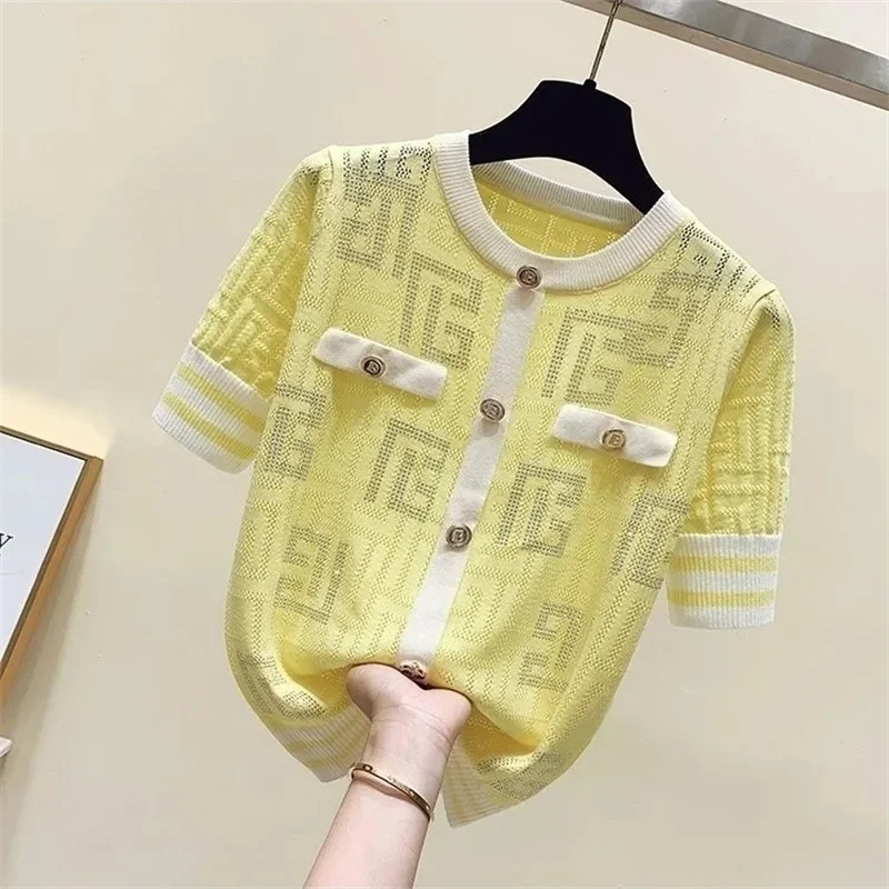 Женский свитер с коротким рукавом Летний Тонкий Трикотажный из вискозы круглым