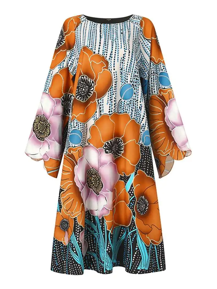 VONDA Plus Size Women 2023 Summer Sundress Floral Printed Party Dress Long Flare Sleeve Vestidos Casual Loose Bohemian Midi Robe