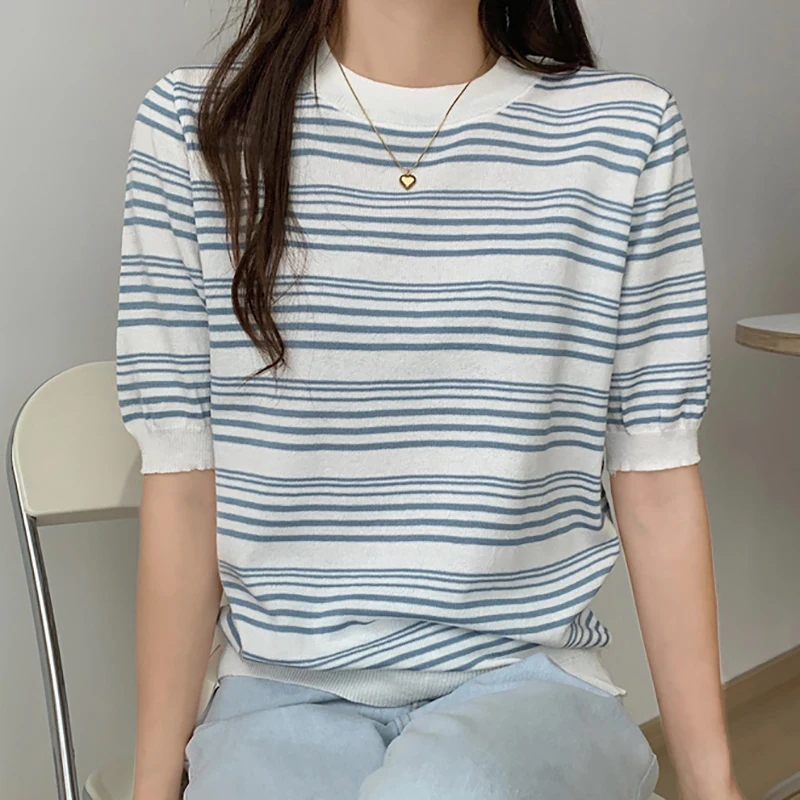 

2023 Summer Tops Striped Knitted T Shirt Women T Shirts Short Sleeve Korean Clothes Casual O-Neck Tee Shirt Femme Camiseta Mujer