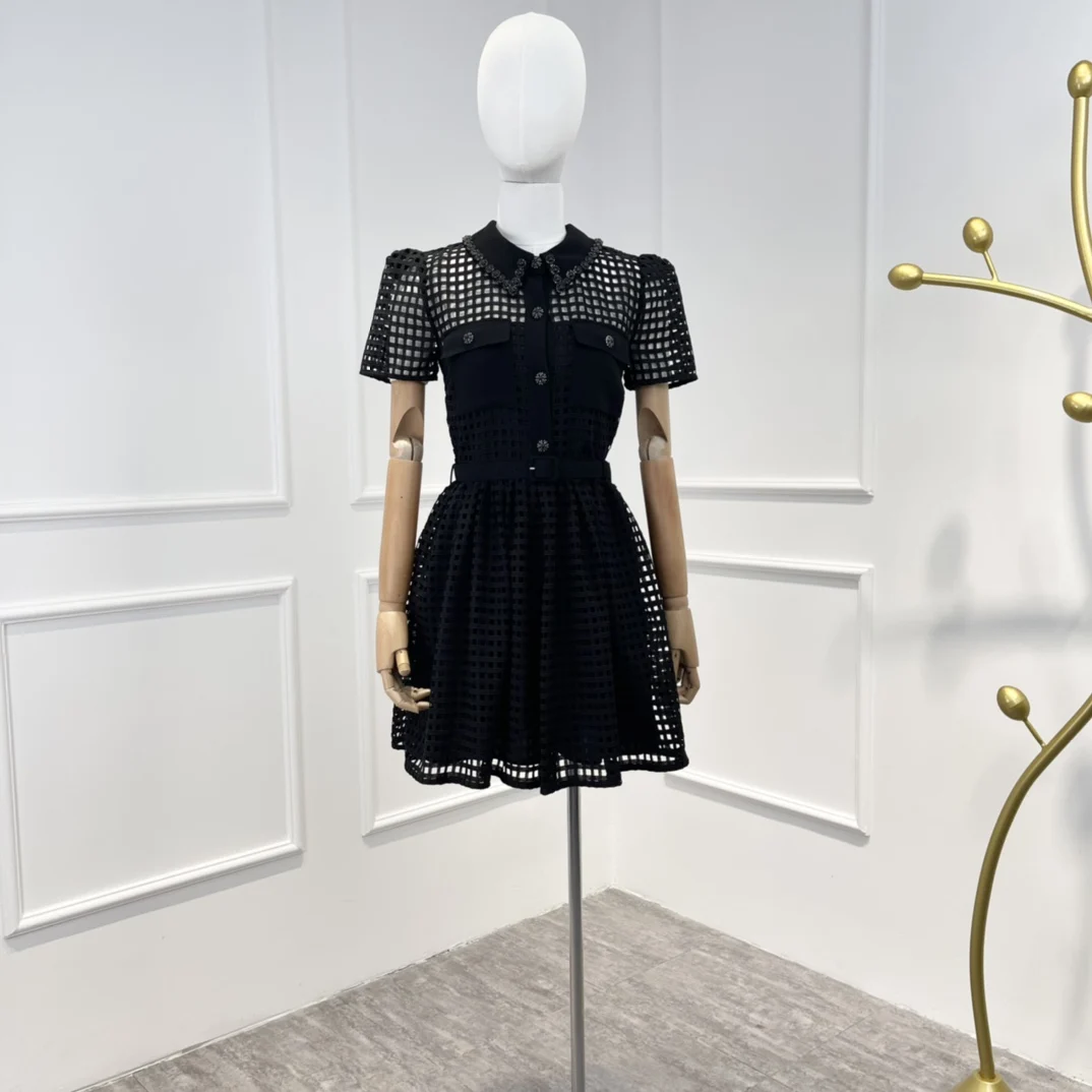 

Black Hollow Out Women Mini Dress 2022 Latest Spring Summer High Qulaity Special Collar Design Fashion Lady Clothing with Belt