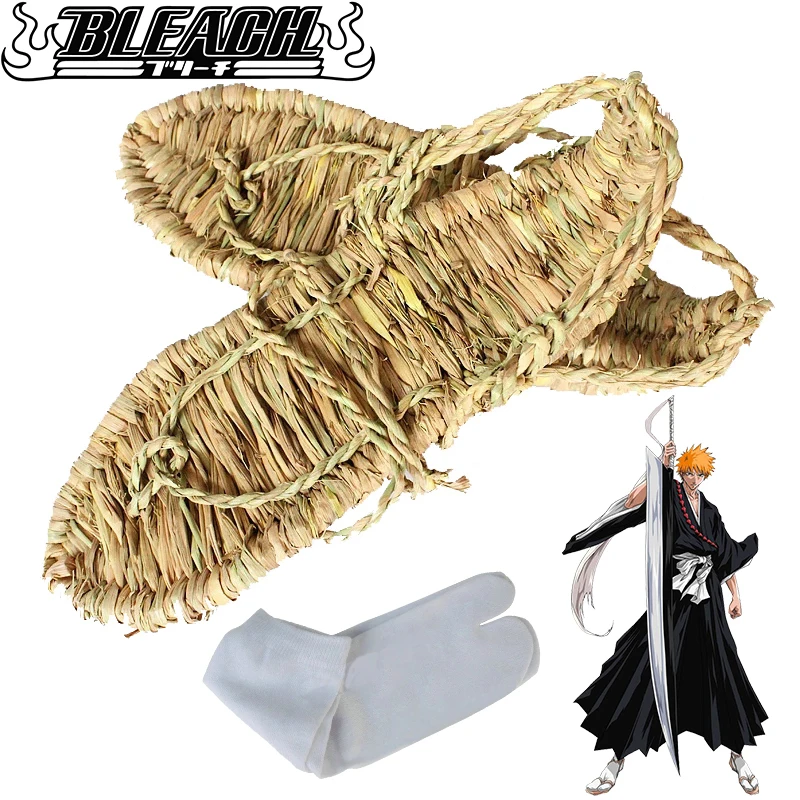 

Japan Anime Bleach Kurosaki Ichigo Cosplay Shoes Straw Sandals Slipper Free Socks Adult Men Women Shoe Props