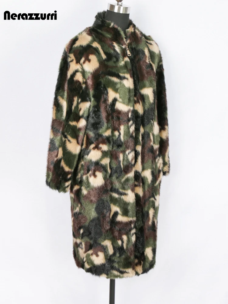 

Nerazzurri winter long faux fur coat women oversized camouflage military jacket Warm loose soft fluffy jacket women zipper