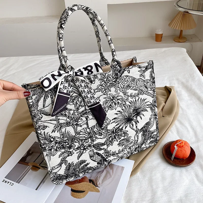 

Luxury Designer Handbag for Women's Fashion Brand Designer Bag Jacquard Embroidery Shoulder Bag Female Girls Shopper Canvas Tote