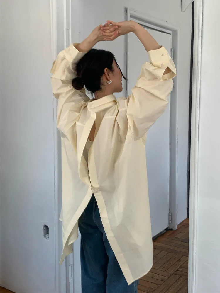 

Женская винтажная рубашка с длинным рукавом, элегантная однотонная Повседневная блузка свободного кроя с вырезами на спине, топы для весны