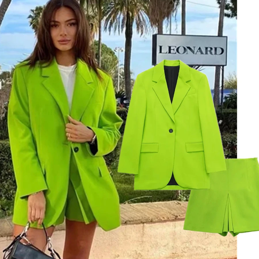 

Withered 2022 Ins блогеры оверсайз травяно-зеленые свободные шорты с высокой талией женские комплекты винтажные однотонные повседневные блейзеры ...