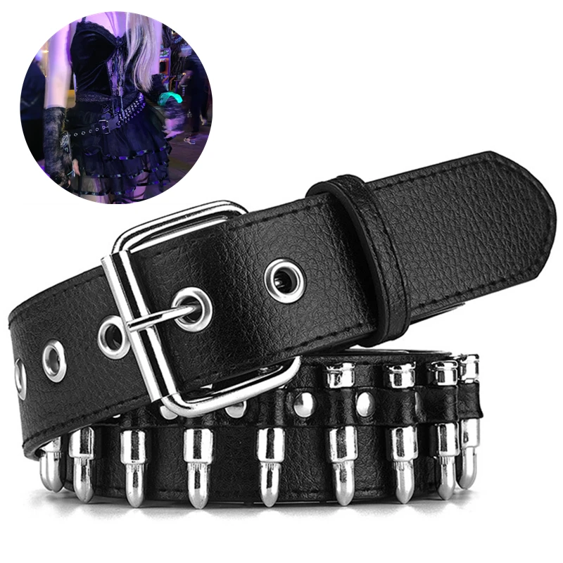 Women Leather Belt Punk Bullet Rivet Pin Buckle Luxury Belts for Men Jeans Waistband Rock Motorcycle Hip Hop Male Strap