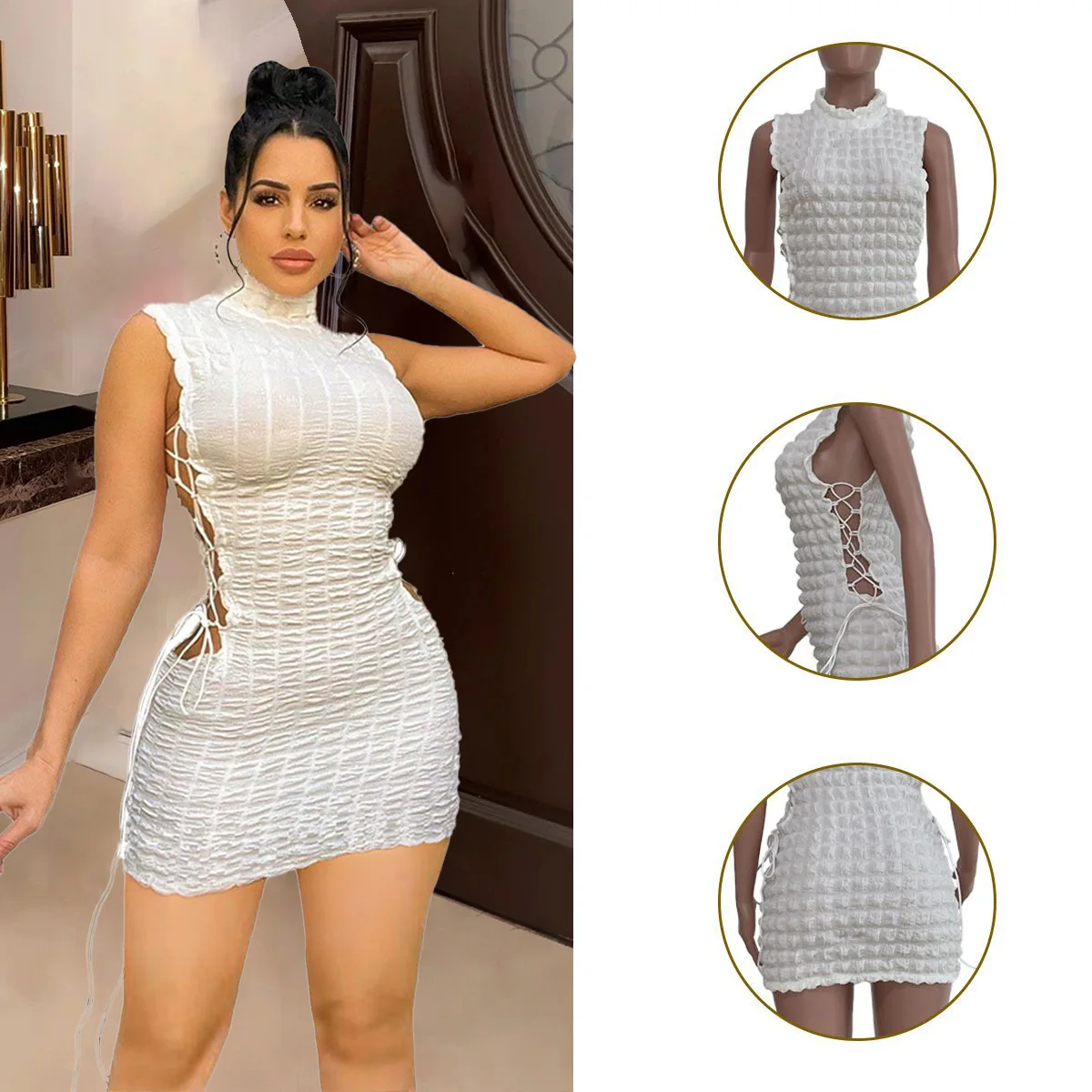 

Seersucker Sexy Backless Wrapped Mini Dress Women Round Neck Sleeveless Lace-up Slim High Waist Clothes Summer Female Dresses