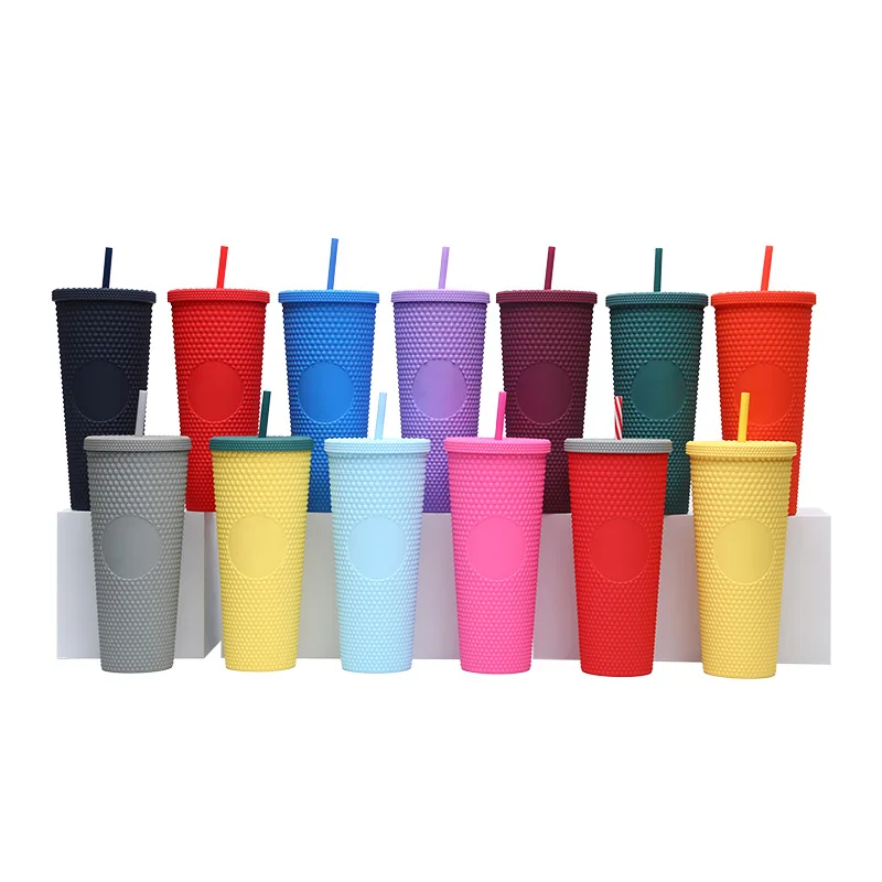 

2023 Creative With Straw Lid Drinkware Studded Plastic Straw Cup 710ml Double Layer Reusable Diamond Cup Large Capacity Creative