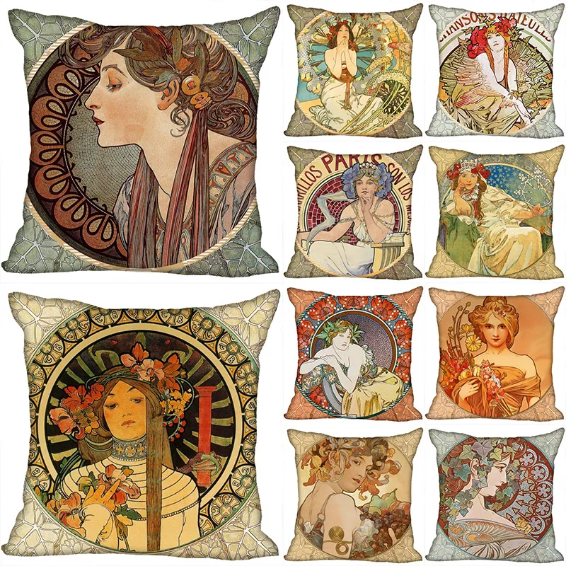 

Alphonse Mucha Pillowcase Bedroom Home Decorative Nice Gift Pillow Cover Square Zipper Pillow Cases Satin Soft Fabric 40x40cm