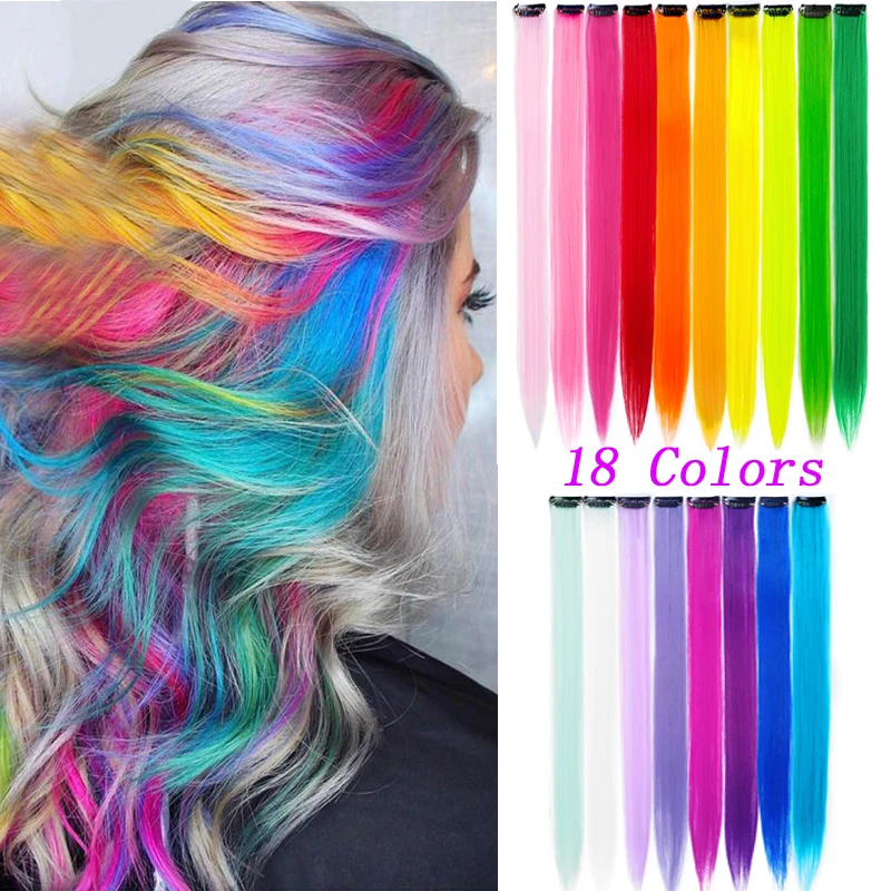 

18 Colors Synthetic Colored Clip In One Piece 10PC/Pack Straight Rainbow Hair Extensions 22 Inch Hairpieces Highlights For Kids