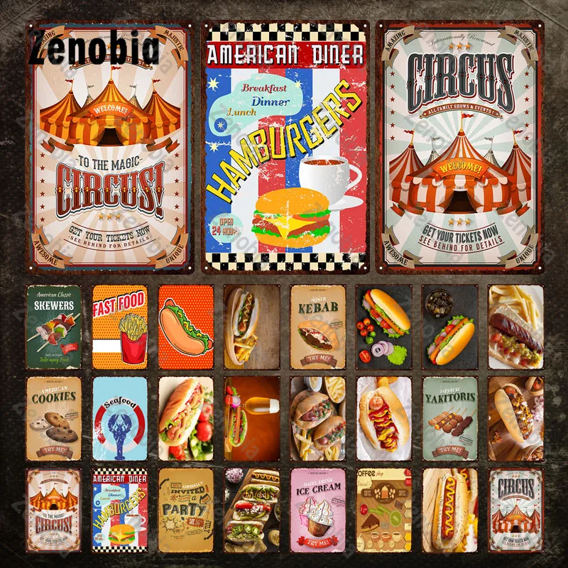 Металлический плакат с изображением пищи печенья цирка фаст-фуда хот-дога
