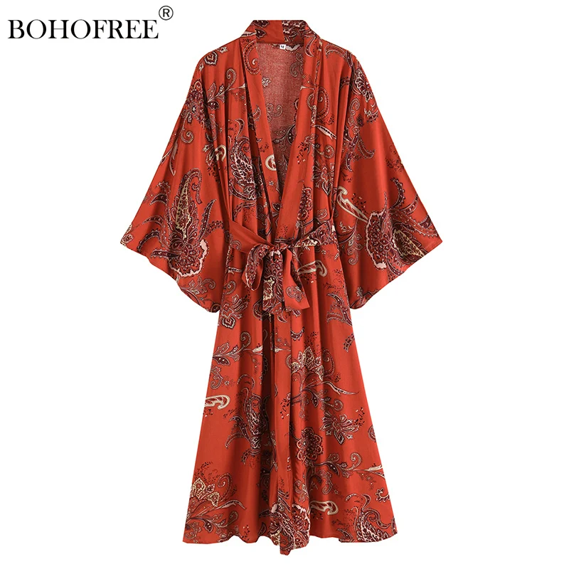 Кимоно женское с цветочным принтом, винтажная накидка в стиле бохо, длинное пляжное свободное, в богемном стиле, с поясом, в стиле хиппи, большие размеры Кимоно женское с цветочным принтом, винтажная накидка в стиле бохо, длинное пляжное свободное, в богемном стиле, с поясом, в стиле хиппи, большие размеры