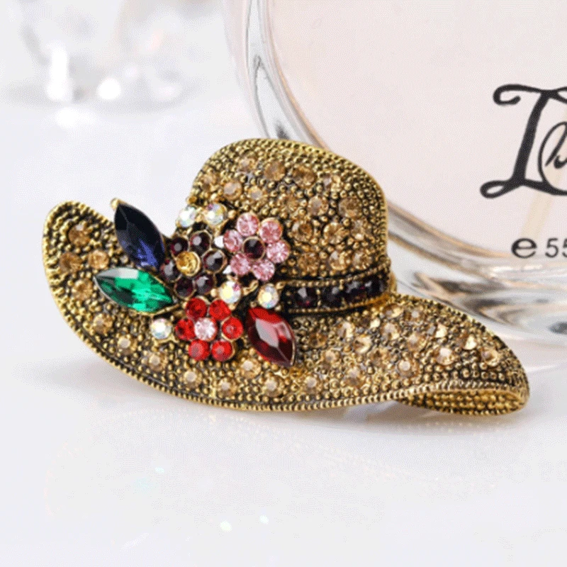 

Korean Exquisite New Alloy Brooch Diamond Sun Hat Ancient Gold Brooch