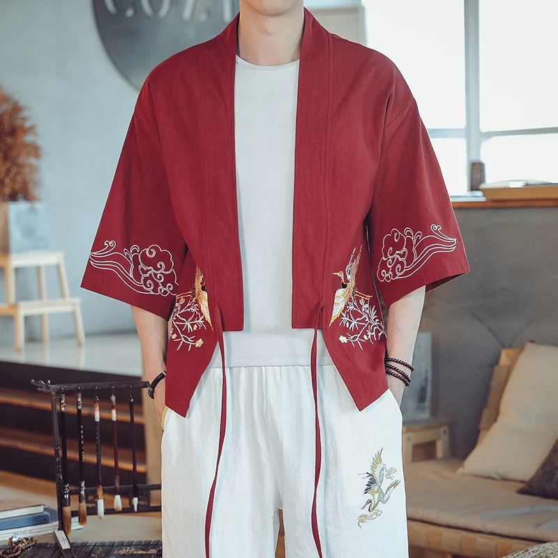 

Кимоно в китайском стиле с вышивкой журавлей и широкими штанинами