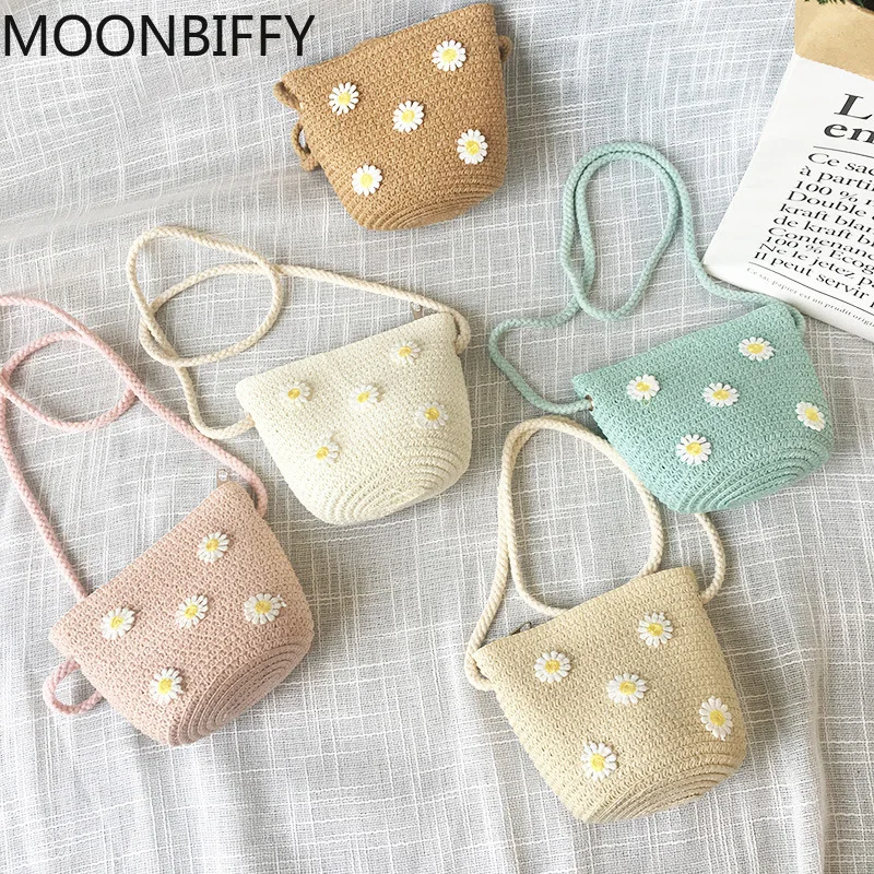 Children Straw Woven Messenger Bag Lovely Girls Small Purse Handbags Baby Kids Mini Shoulder Bags Princess Wallet Kids Purses