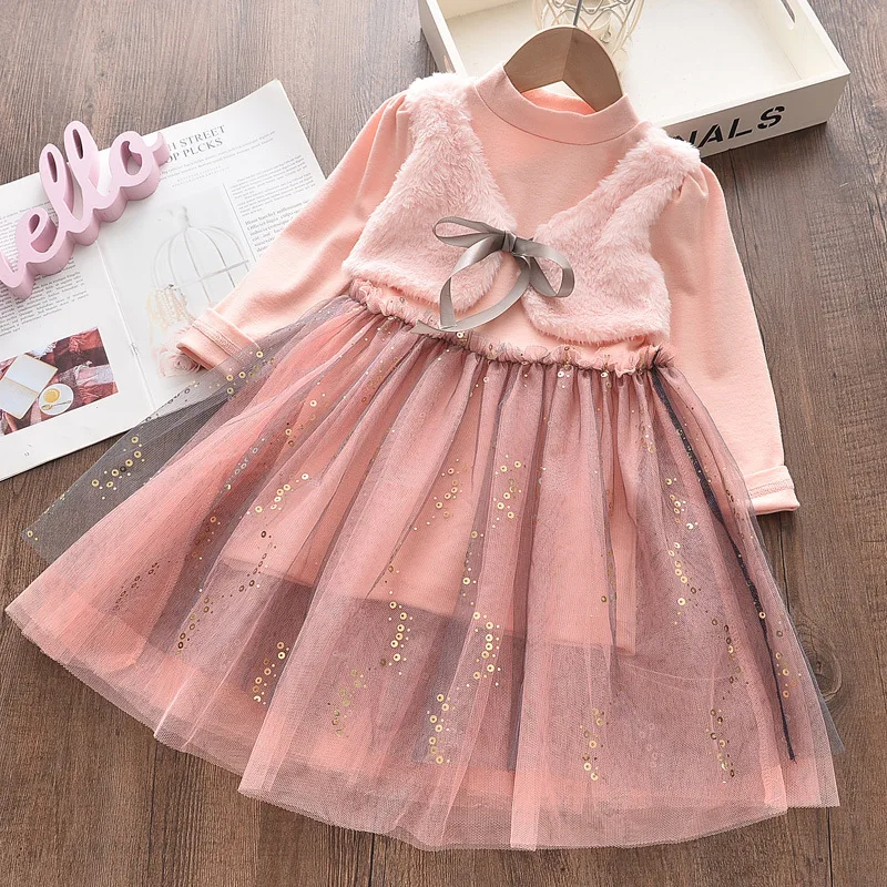 

Girls Dress Denim Stitching Dress Spring Full Sleeve Lace Princess Party Dress Kids Birthday Present 2-7 Years Children Clothing