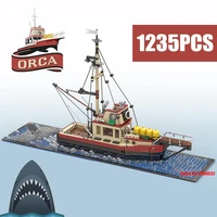 new 1235pcs movie jaws the orca ship fishing boat model building blocks city vessel bricks toy children xmas gift
