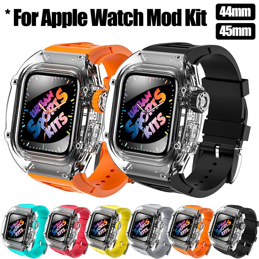 

Latest Plastic Stainless Steel Case For Apple Watch 7 45MM Fluororubber Strap For Series Iwatch 6 5 4 SE 44MM Modification Kit