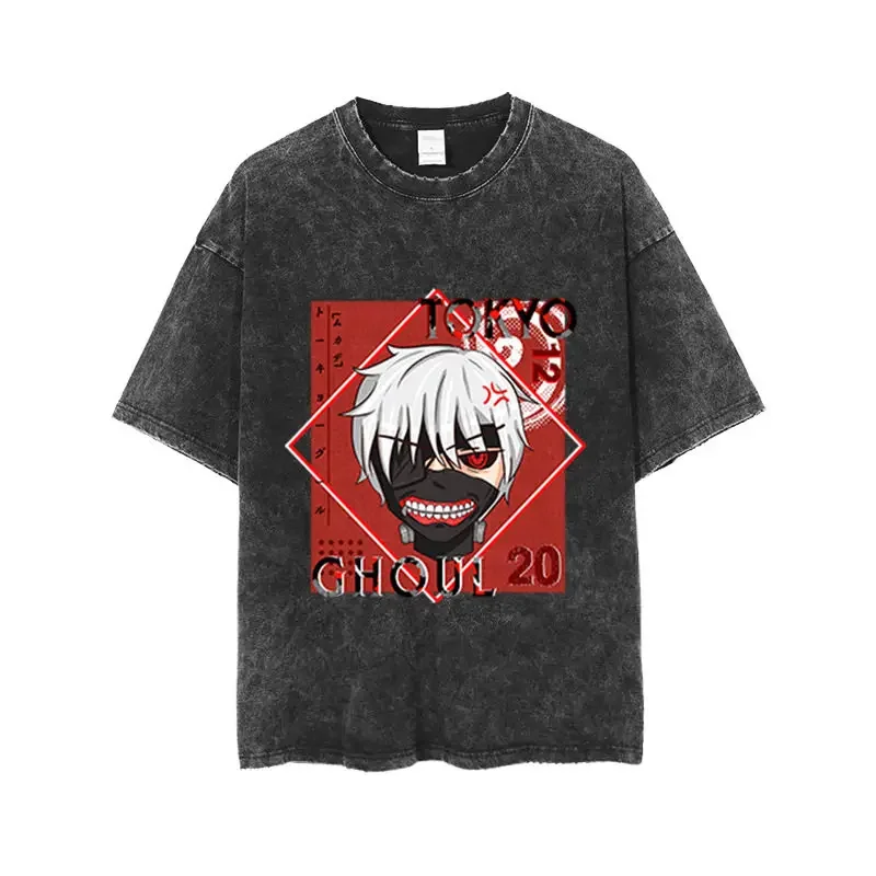 Футболка оверсайз Tokyo Ghoul Ken Kaneki TG Project Monochrome Acid Wash, черная, летняя, 2026, уличная одежда, с аниме-графикой (art.: 3920daeb65760) - 3920daeb65760