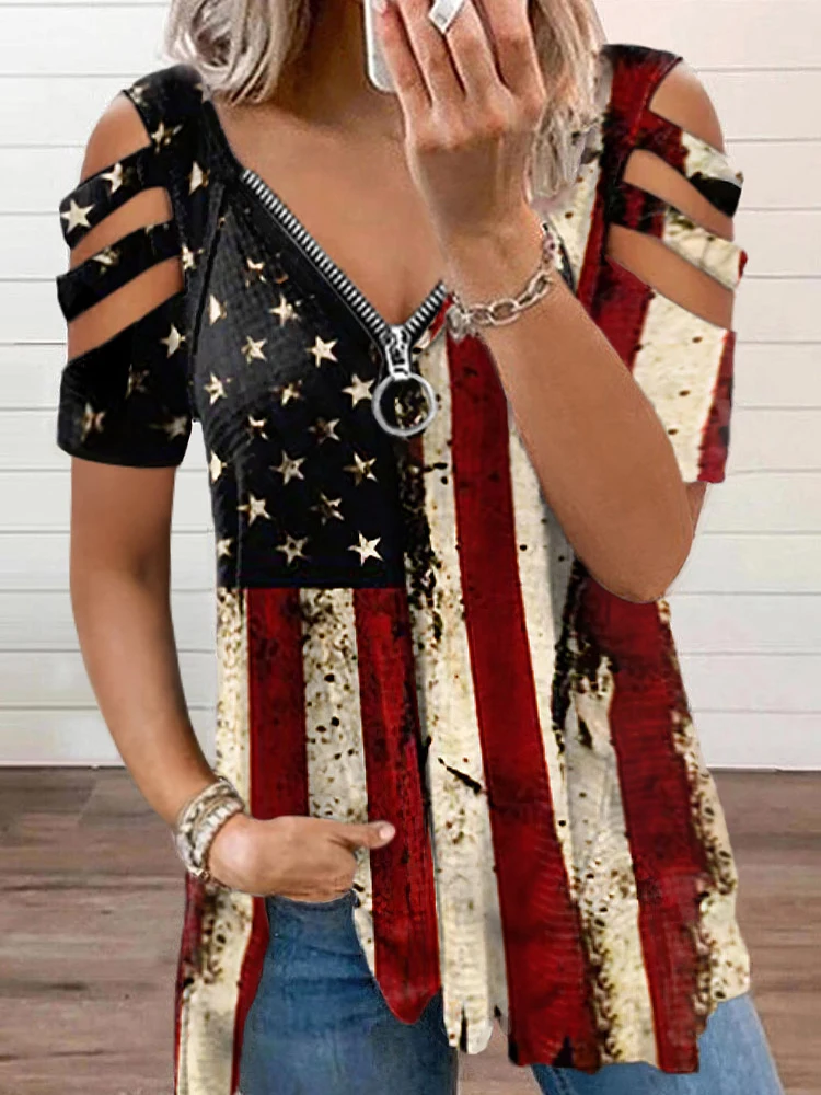 

American Flag Star Striped Zipper Collar Blouse Women Short Sleeve V Neck T-Shirts Summer Loose Casual Tee US Flag Patriotic Top