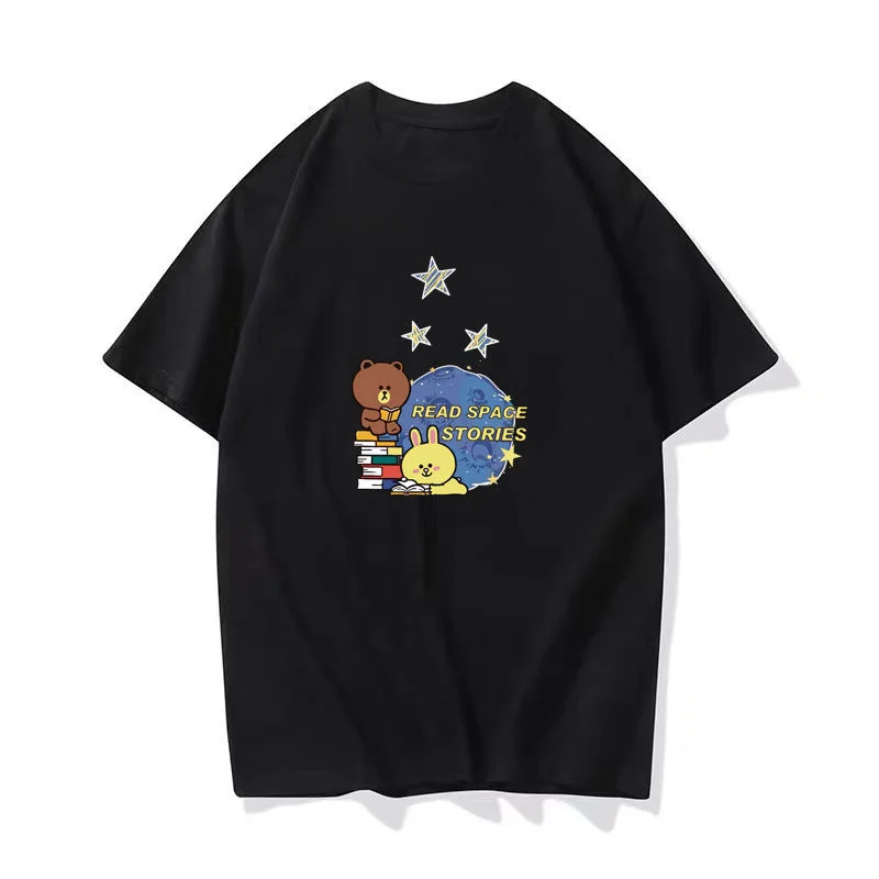 

LINE Brown Cartoon Short Sleeve Kawaii Summer Fashion Pure Cotton Lover T-Shirt Student Personality Anime Printing Apparel Gift