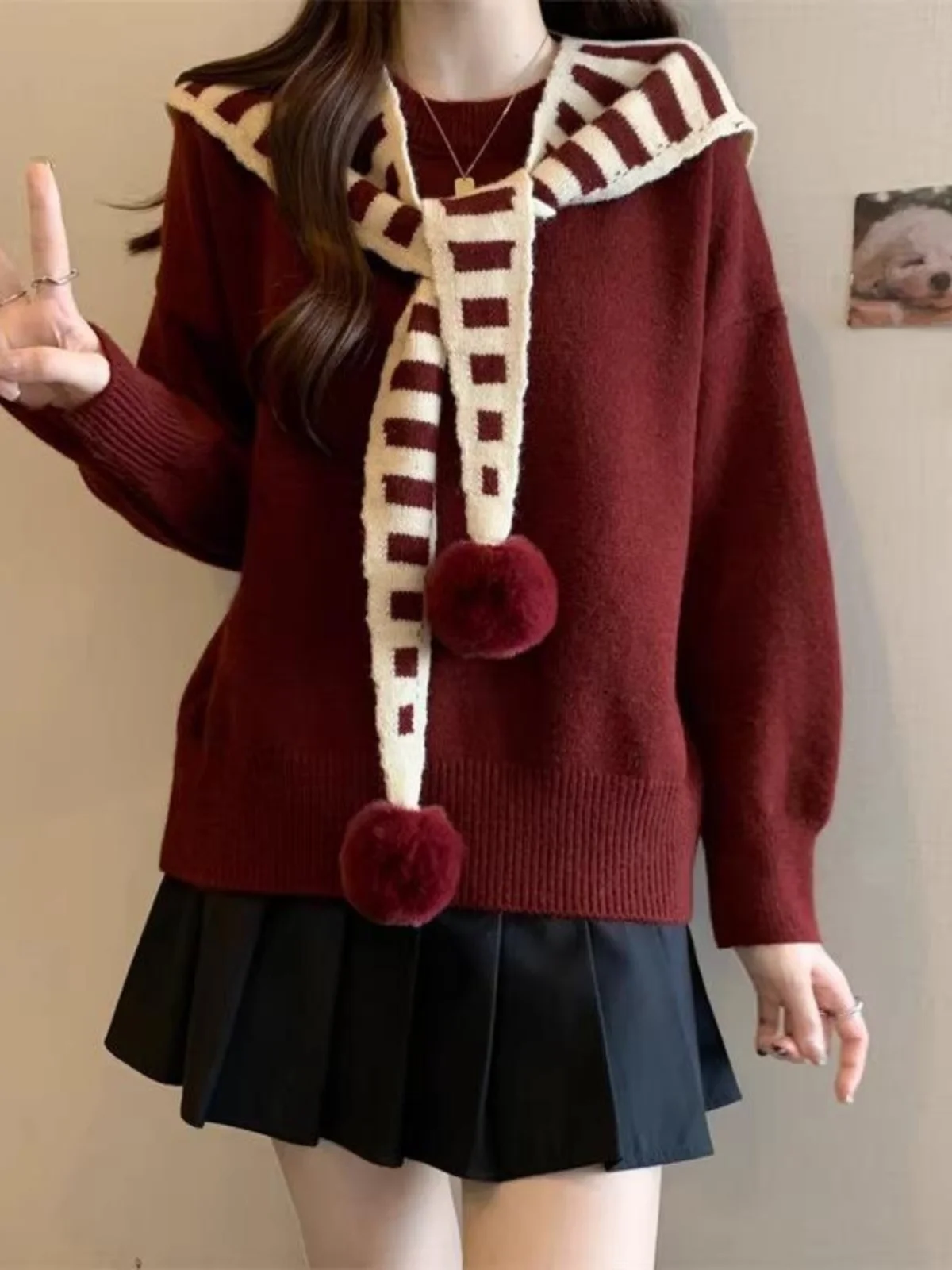 Поддельный двухсекционный шаль вязаный красный пуловер Ankela свитер женский