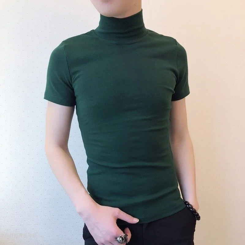 

Men T Shirt Solid Color Turtleneck Short Sleeve Streetwear Slim Fit Casual Men Clothing 2023 Pullovers Sweater Homme S-4XL Q19