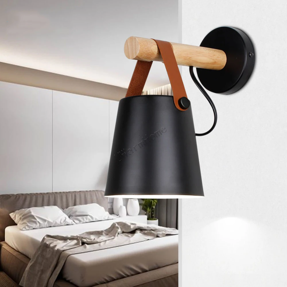 

Светодиодный настенные лампы абажур для гостиной, настенные бра E27, скандинавский деревянный настенный светильник с ремешком, белый/черный,...