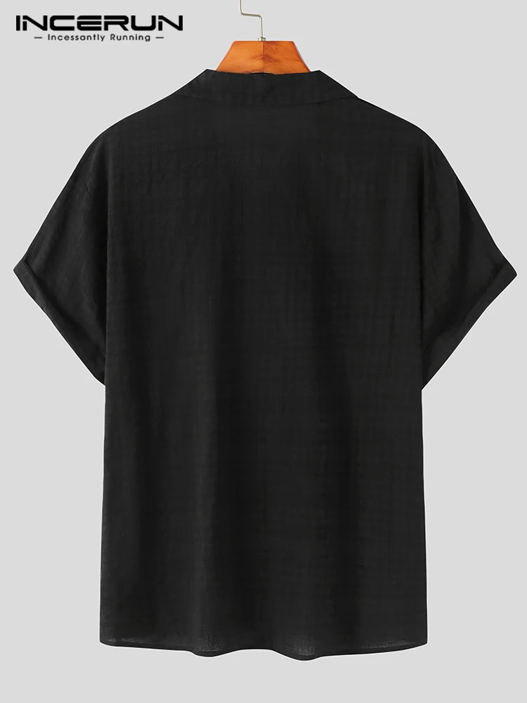 Fashion Well Fitting Tops INCERUN Handsome Men's Dark Grid Short-sleeved Blouse Casual Male Solid Simple Lapel Shirts S-5XL 2022